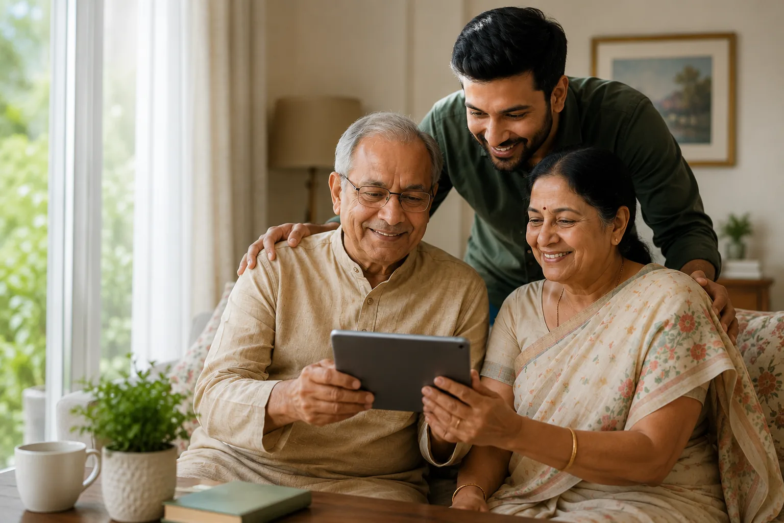 An older couple at home looking at a tablet together while their adult son leans in beside them.